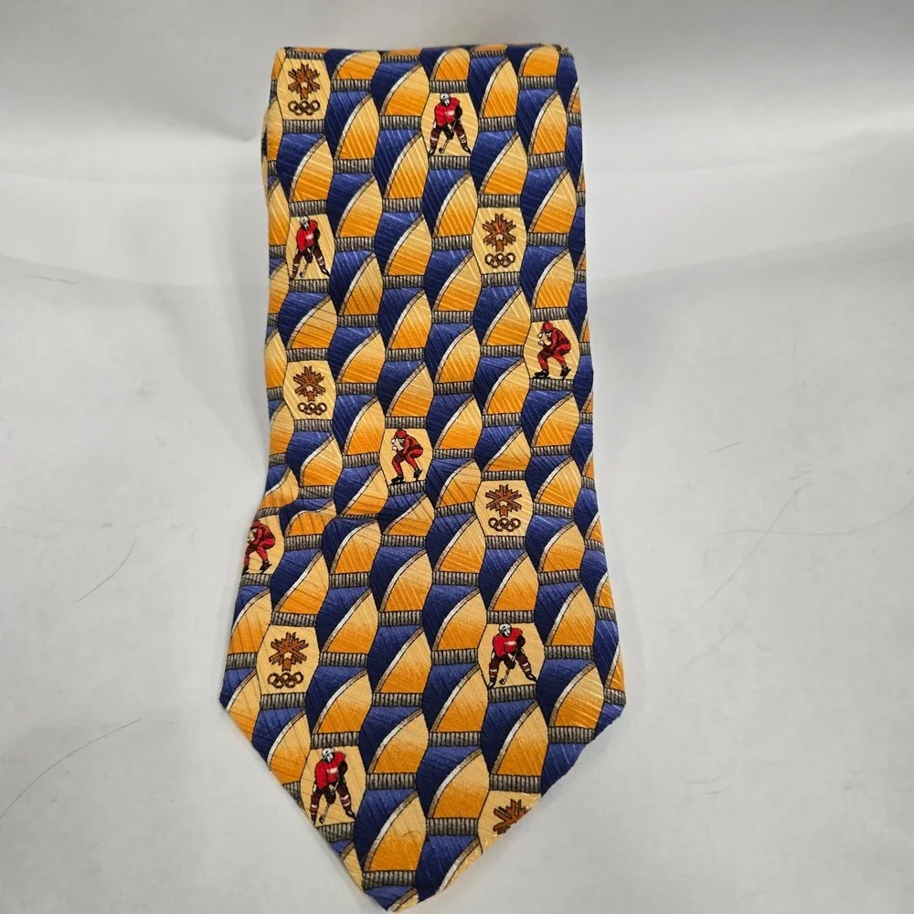 Robert Talbott Salt Lake 2002 Olympic Games Silk Tie Hockey Gold Blue USA Made
